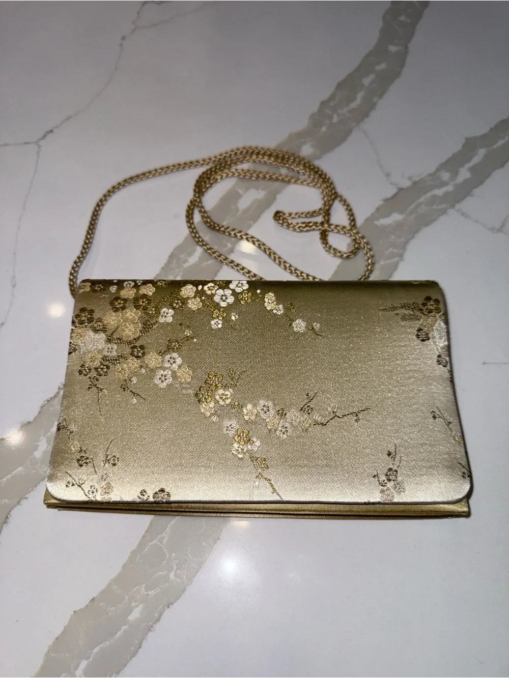 Another Y & S original Satin Gold Floral Evening Clutch with Chain Strap Vintage